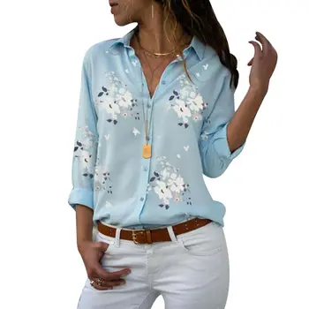 

Fashion Women Ladies Flower Loose Long Sleeve V-neck Tops Plain Casual Button Blouse Summer Tops