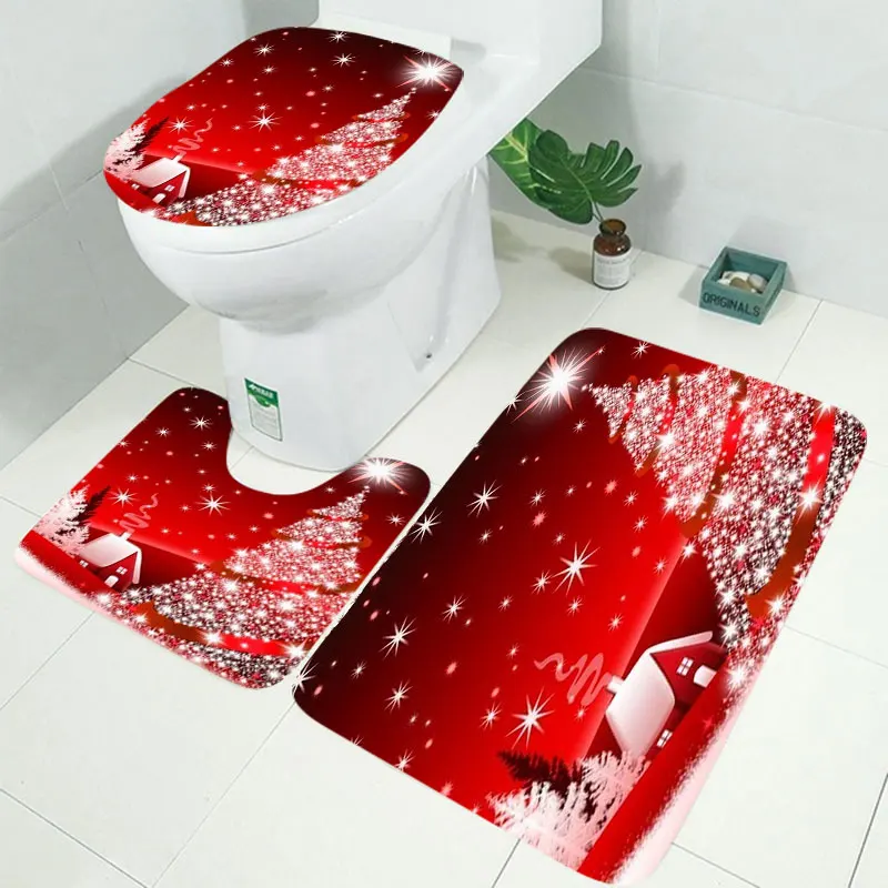 10 типов водонепроницаемых занавесок для ванной, Рождественская занавеска, снежный принт, занавеска для ванной, покрытие для туалета, коврик, набор, Нескользящие коврики - Цвет: RS003 3pcs Mat set