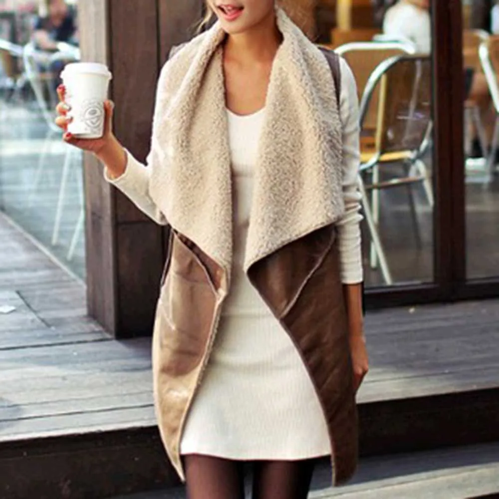 

Winter Faux Fur Vest Women Jacket Sleeveless Fleece Vests Fake Leather Suede Coat Fashion Lazy Casual Streetwear Khaki Outwear