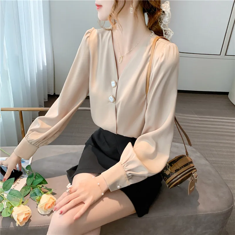 

Blouses Women Chiffon Blouses for Women Long Sleeve Shirt Office Lady V-neck Blouse Top Plus Size Autumn Woman Solid Shirts XL