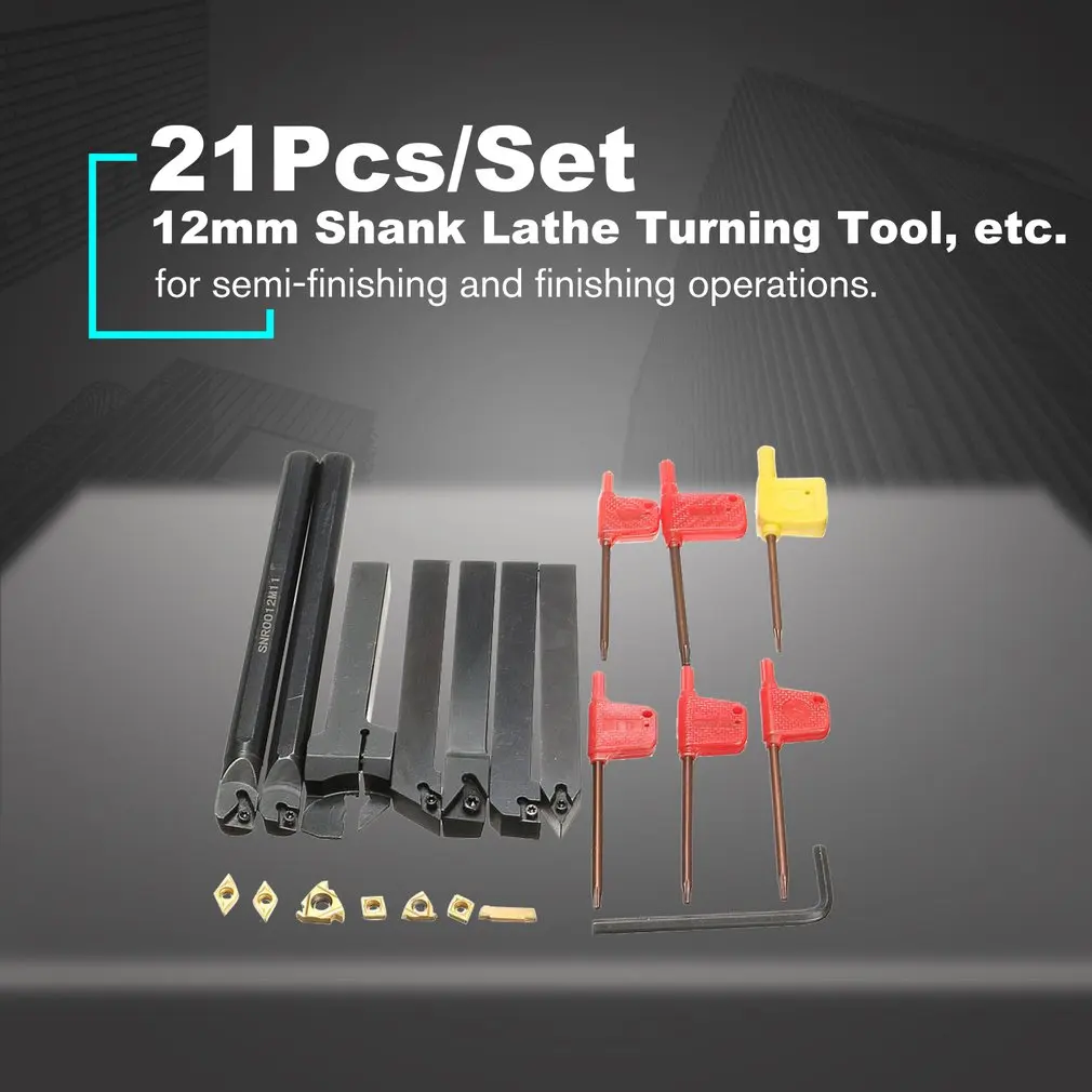 21Pcs/Set 12mm Shank Lathe Turning Tool Holder Boring Bar + Insert Blades + Wrench S12M-SCLCR06/SER1212H16/SCL1212H06