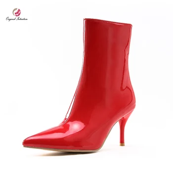 

Original Intention Patent Leather Red White Black Ankle Boots Woman Pointed Toe Thin High Heels Fashion Shoes Female Plus Size