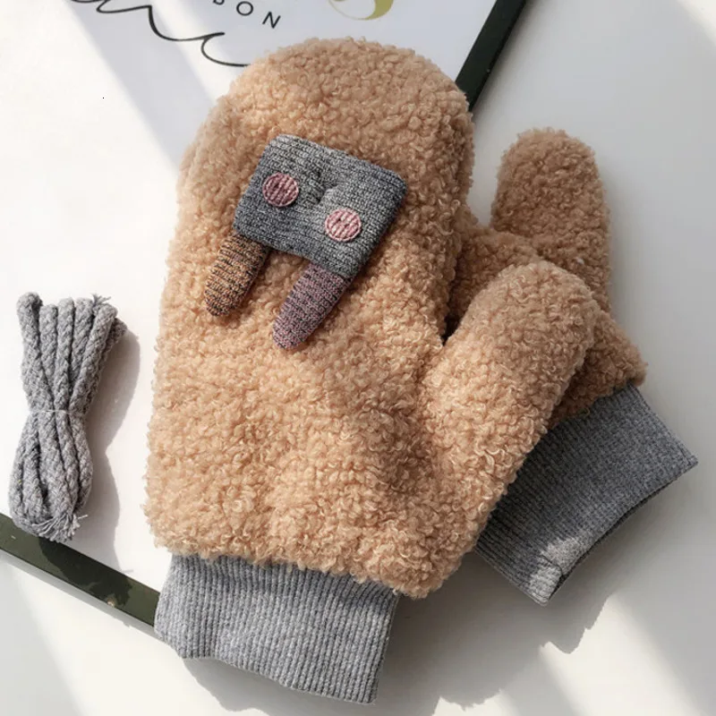Kawaii, женские перчатки, зимние, плюшевые, теплые, милые, мультяшная перчатка с мехом кролика, для студентов, девочек, мягкие, сохраняющие тепло, розовые, перчатки для улицы, варежки