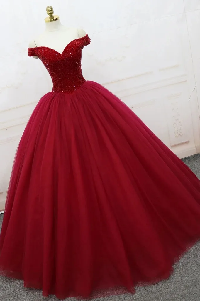

Deep Red Off-shoulders Ball Gown Beads Tulle Evening Dress robe de soiree