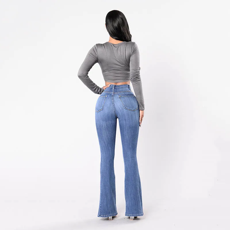 Женские расклешенные джинсы с высокой талией, обтягивающие джинсовые штаны, сексуальные брюки с эффектом пуш-ап, Стрейчевые Женские повседневные джинсы с широкими штанинами