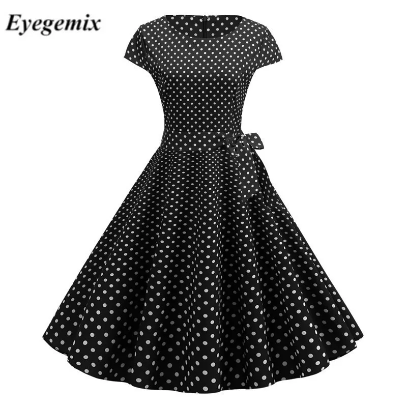 

1950s 60s Retro Dresses Women Polka Dots Bow One Line Black Elegant Tea Rockabilly Vintage Women Summer Short Dress 2019