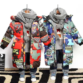 

Warm Ankle Length Hooded Winter Jackets Graffiti Camouflage Parkas For Teenagers Boys and Girls Thick Long Down Coat Kid Outwear