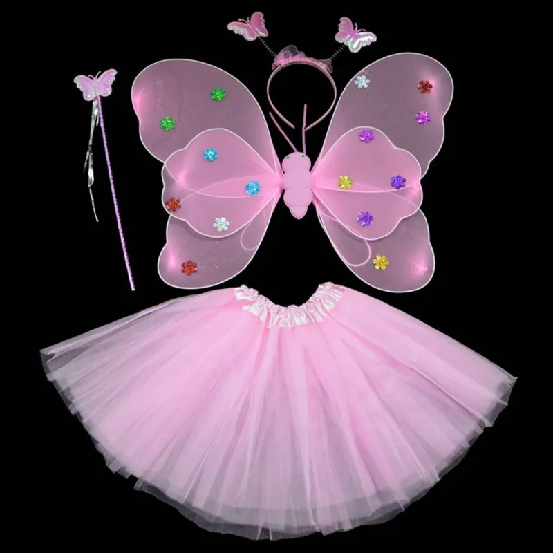 Details about   4 Pc Girl Kids Fairy Butterfly Wings Wand Headband Tutu Skirt Party 13 colour 