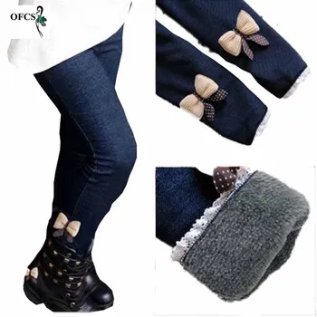 

Hot!Children Pants Girls Bow Jeans Cotton Teenager Plush and Thickening Pants Kids Warm Elastic Waist Legging Wholesale Trousers