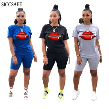 

Zipper Lips Cartoon Printed Two Piece Set Short Sleeve Tee Shorts Sets For Women Ensemble Femme Summer Style 2020 Clothing Suits