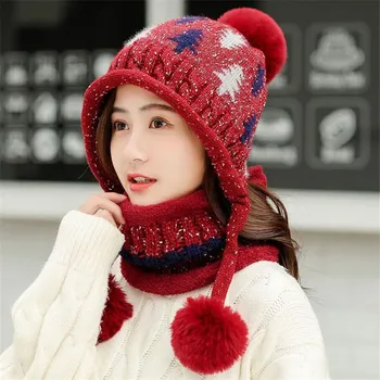 

Warmer Hairball Hats Ladies Knitted Woolen Hat Female Winter Thicken Women Cap Outdoor Anti-Cold Scarf Caps Set Christmas Tree