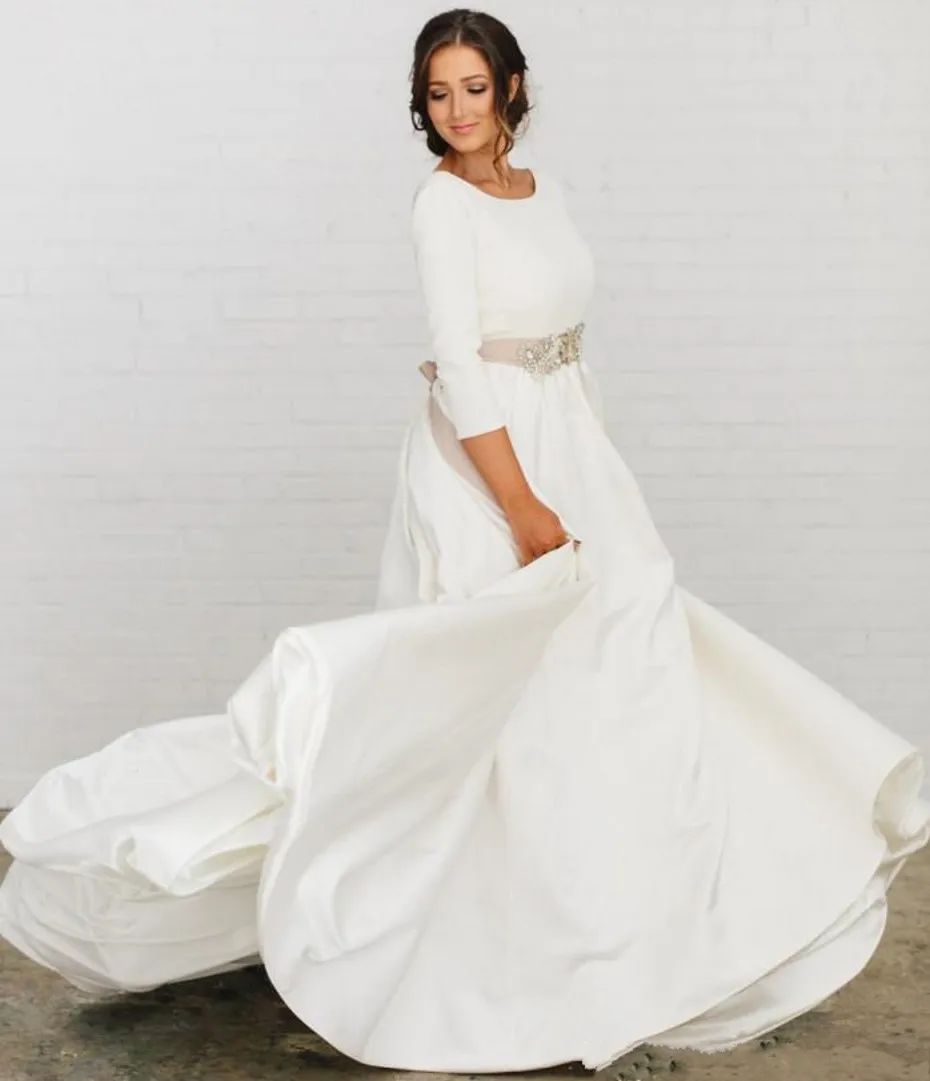 New Boho Soft Satin Modest Wedding Dresses 2024 With 3/4 Sleeves Beaded Blet Low Back Country Bridal Gowns Mariage images - 6