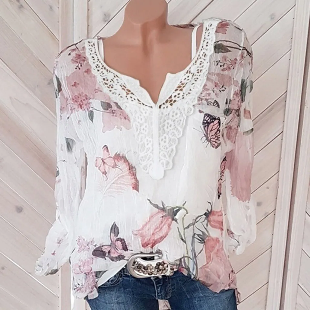 

Chiffon Blouse Women's Long Sleeve Loose Button Printed V-Neck Top Blouse Autumn Casual Butterfly Pattern Women Blouse Tops