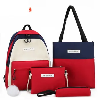 

ZZSLHL 4Pcs/set Women Canvas Backpacks for Teen Girls Boys School Student Book Bag Satchel Pen Purse Furball Bolsas Mochilas