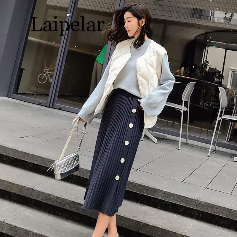 Осенне-зимние эластичные юбки с высокой талией для женщин s Faldas Mujer Moda Jupe вязаные плиссированные юбки женские тонкие юбки на пуговицах
