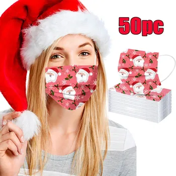 

50pcs Disposable Unisex Facemask Christmas Cartoon Print Masks for Adults 3-layer Masks Elastic Earloop Mouth Face Mask Mascaras