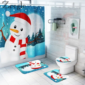 

Christmas Bathroom Curtain Waterproof Shower Curtain Anti-slip 3pcs Bath Mat Set Toilet Cover Seat Mat Washable Bathroom Doormat