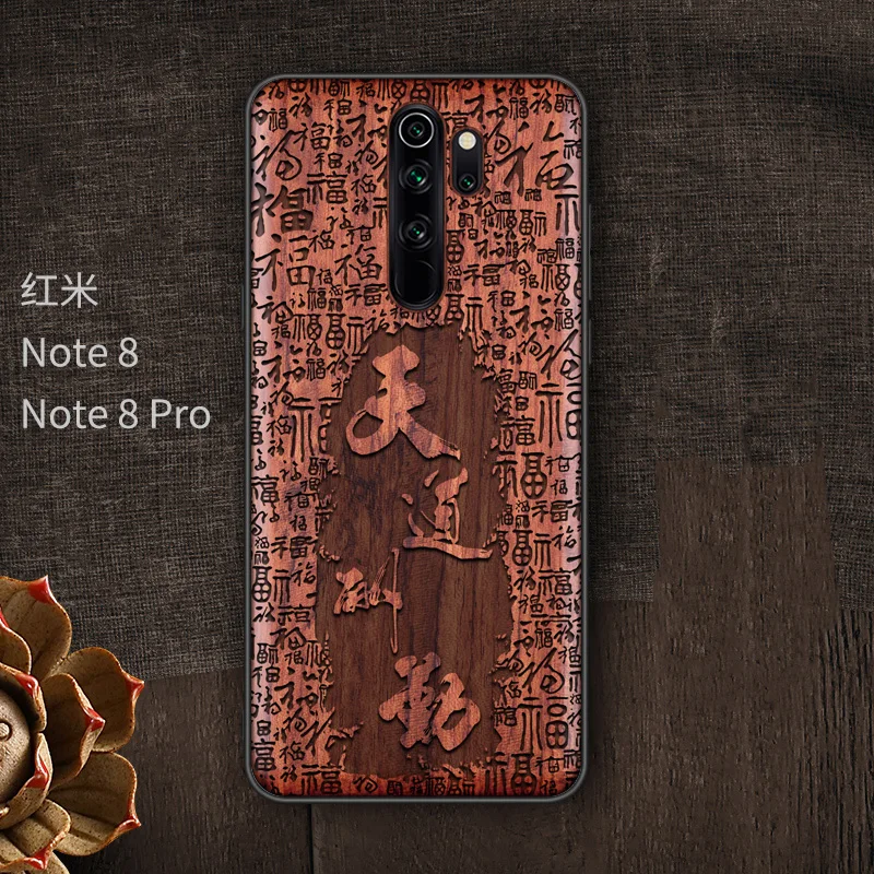 Деревянный чехол для телефона ручной работы для Xiaomi Redmi Note 8 Pro, чехол из натурального дерева, Китайская каллиграфия с символами черного дерева