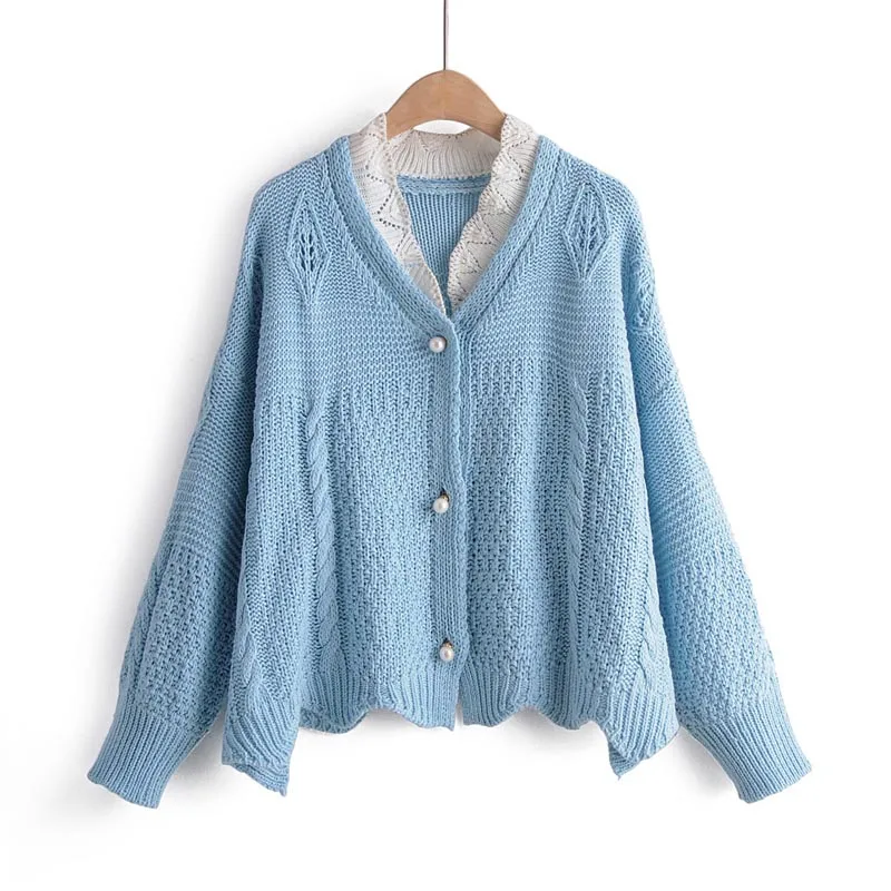 

MY14 Women Sweet Design Crochet Neck Patchwork Pearl Buttons Braid Design Sweater Long Sleeve Knitwear Tops