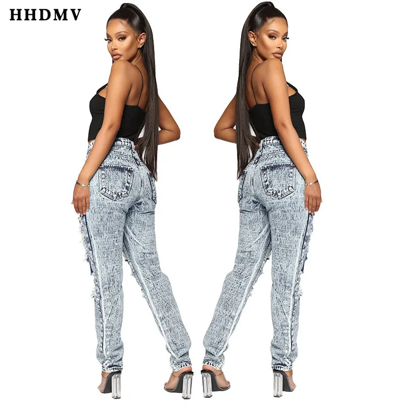 HHDMV GHSF12027 модные уличные джинсовые длинные штаны в стиле хип-хоп Высокая талия пуговицы карманы сломанная дыра брюки для маленьких ног - Цвет: Серый