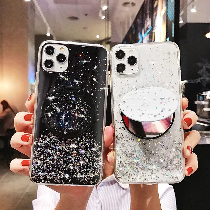 

Shiny Mirror bracket Transparent phone case for iphone 12 11 pro max mini x xr xs max 7 8 plus 6 6s Back cover cases