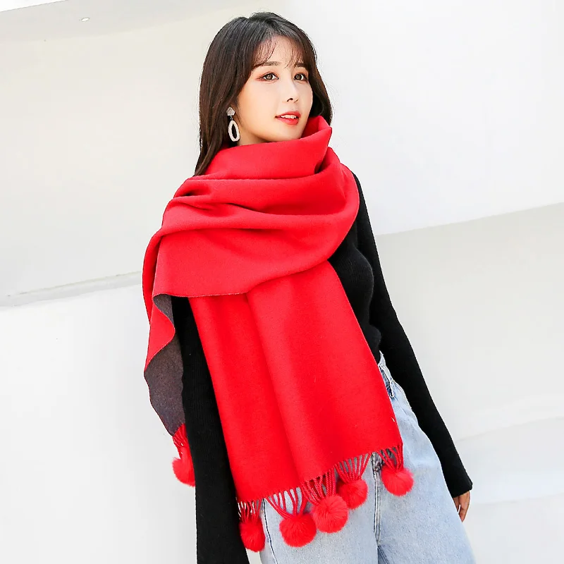 Зимний шарф из искусственного кашемира для девушек с помпонами Echarpe Foulard Женская длинная шаль обертывания для женщин одноцветные теплые шарфы для подарка - Цвет: Color 2