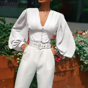 

ZANZEA Elegant Work OL Blouse Fashion Button Down Shirt Women Sexy V Neck Long Puff Sleeve Blusas Spring Slim Party Tunic Tops