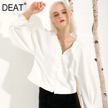 

DEAT Women White Brief Temperament Blouse New V-collar Long Lantern Sleeve Loose Fit Shirt Fashion Tide Spring Autumn 2020 S033