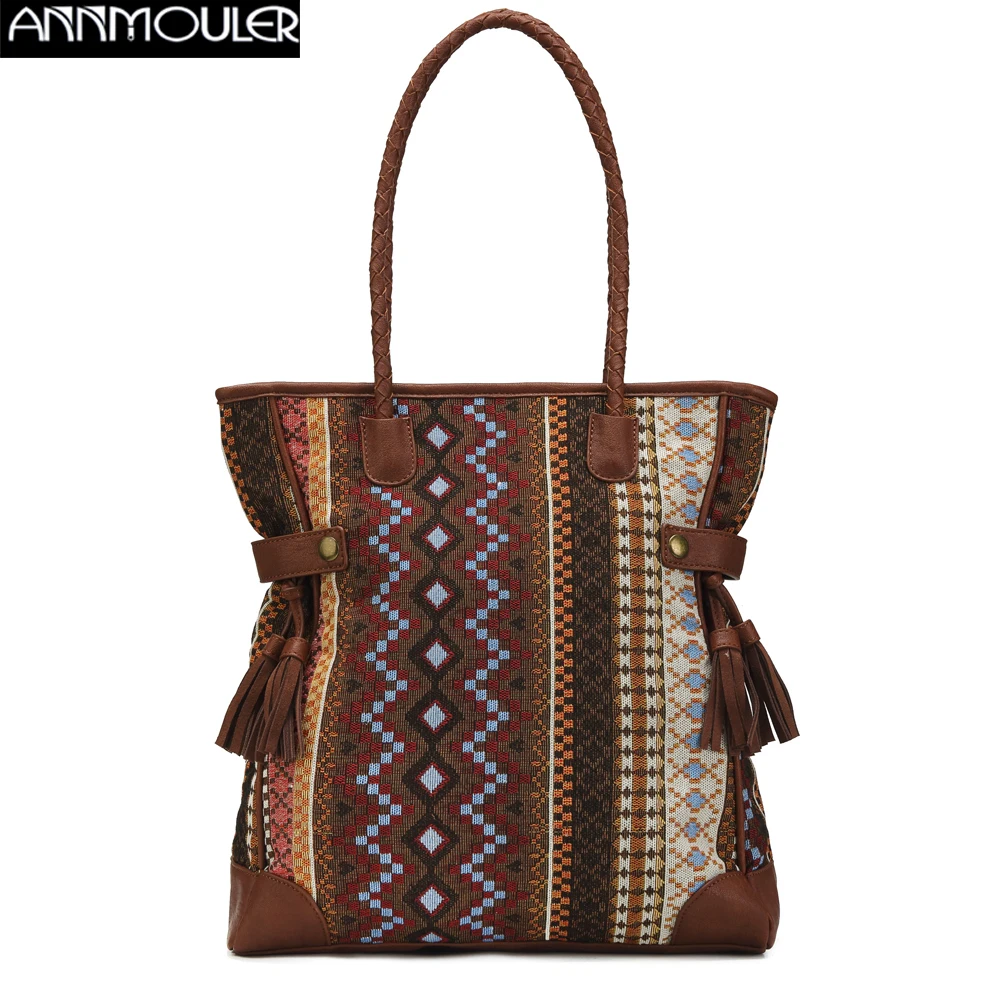 Annmouler Brand Design Women Large Capacity Bags 2022 New Bohemian Style Handbags Quality Brown Female Tote Bag with Tassel