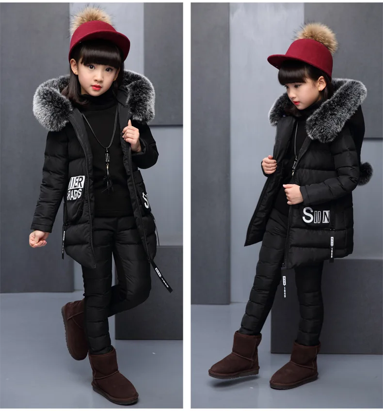 Girls Clothing winter Sets Winter Hooded Warm Vest Jacket+Warm Top Cotton Pants 3 Pieces Set Girl Cotton Coat with Fur Hood