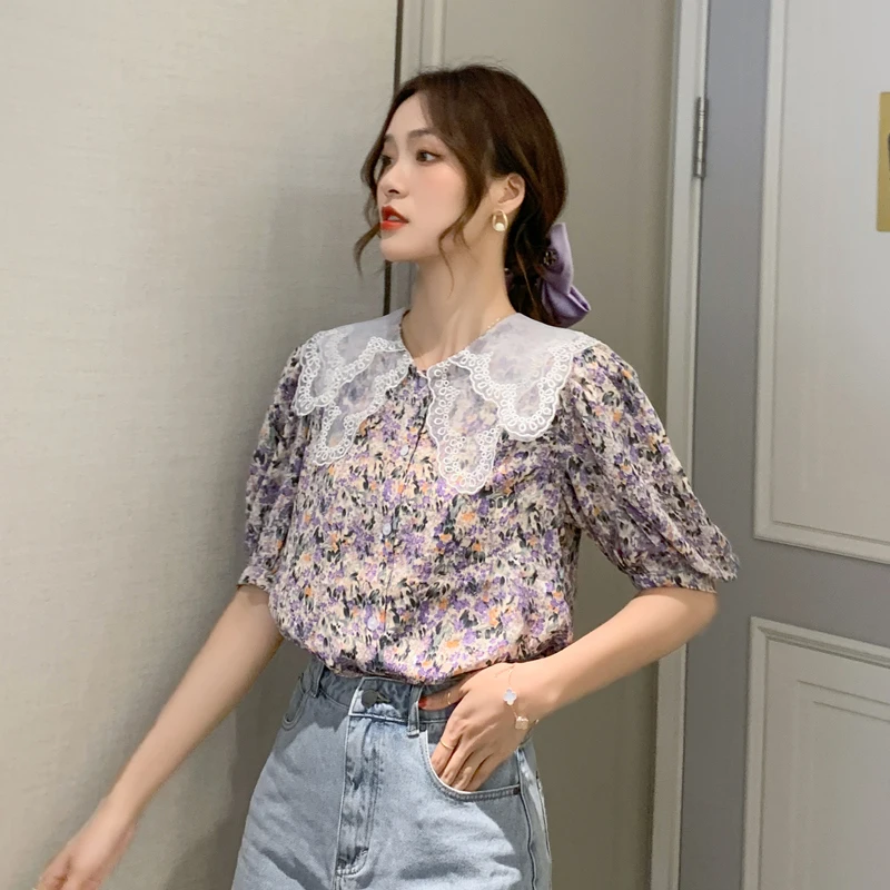 

Women Blouses Shirt Doll Collar Short Sleeve Shirt Floral Chiffon Shirts Womens Tops and Blouses Blusas 2020