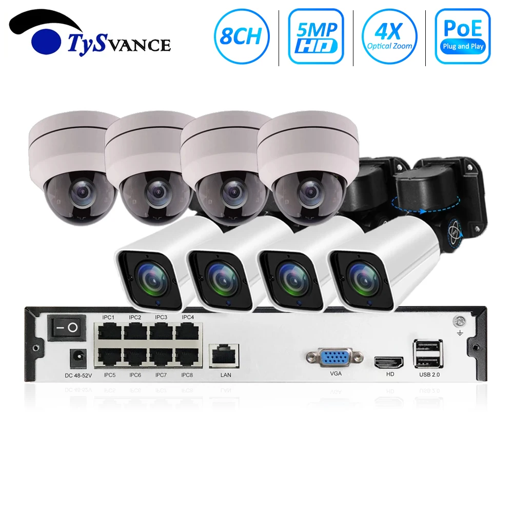 Система видеонаблюдения TySvance 8 каналов PTZ 5 МП POE H.265 4 кратный оптический зум 16