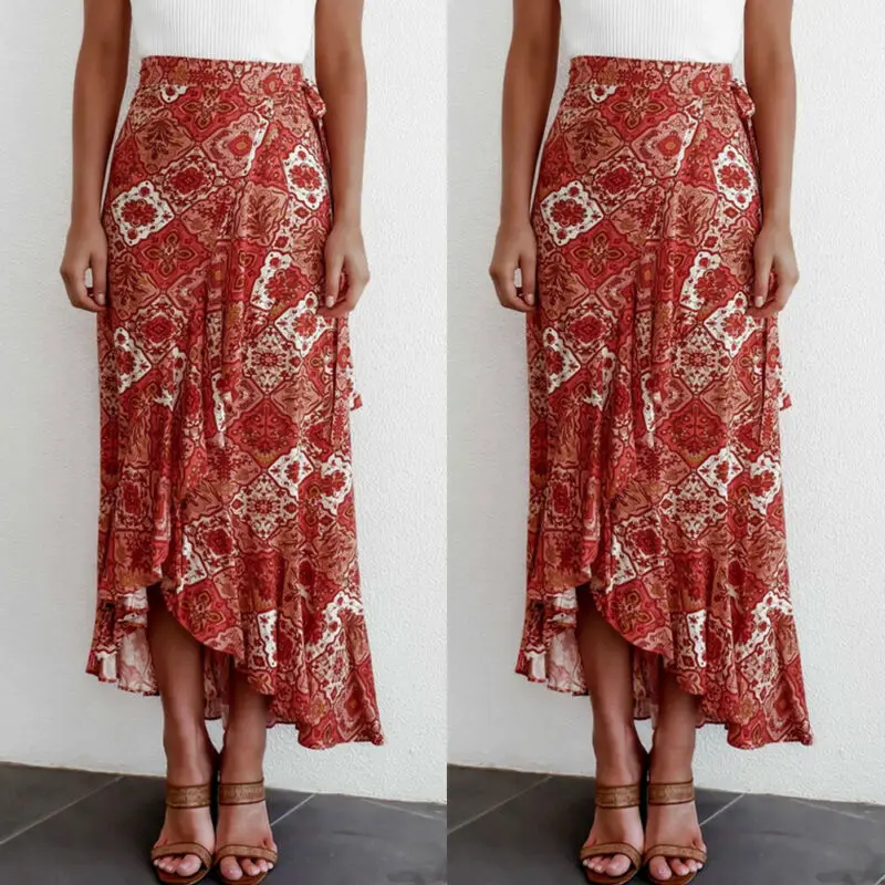 Women Skirt Summer Costume Ladies High Waist Plain Ruffle Long Skirt Party Boho Maxi Skirts Floral Print Ladies Skirts