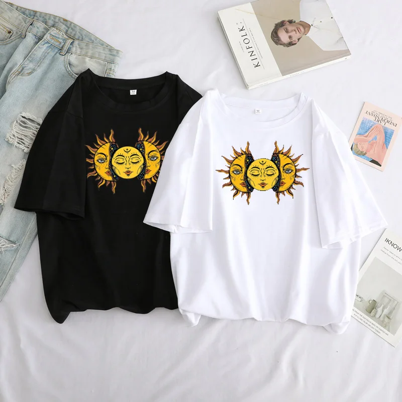 New Harajuku Women's Solar Eclipse Sun And Moon T-Shirt Vintage Fashion Aesthetic Grunge Tee Hipsters Gothic Clothing