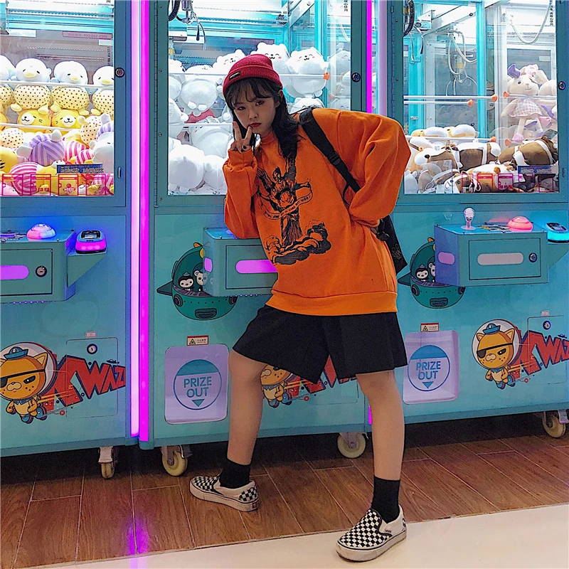 Осенне-зимняя Толстовка Femme корейский Ulzzang Harajuku винтажные Свободные флисовые толстовки женские, пуловеры с капюшоном