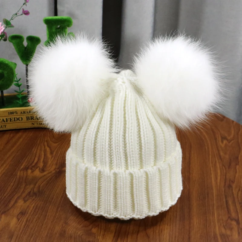 2021 New double natural Pom Poms hat Girls Boys Winter Warm Fur Pompom Ball Knitted Beanies Hat Skullies Beanies Cotton Bonnet