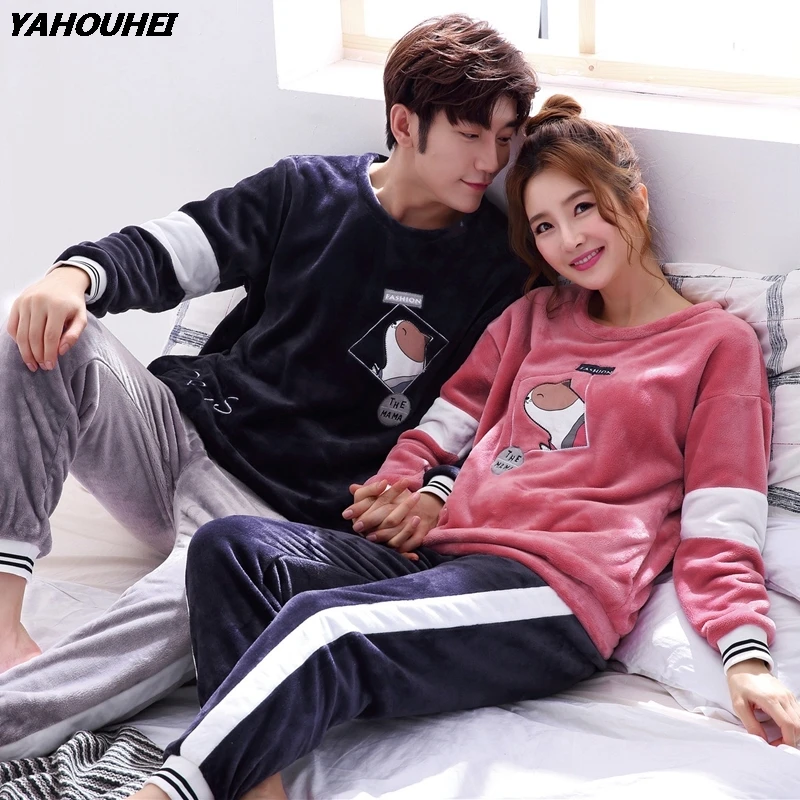 

2019 Winter Couples Thick Warm Flannel Pajamas Sets for Women Long Sleeve Coral Velvet Pyjama Cartoon Homewear Men Home Clothing