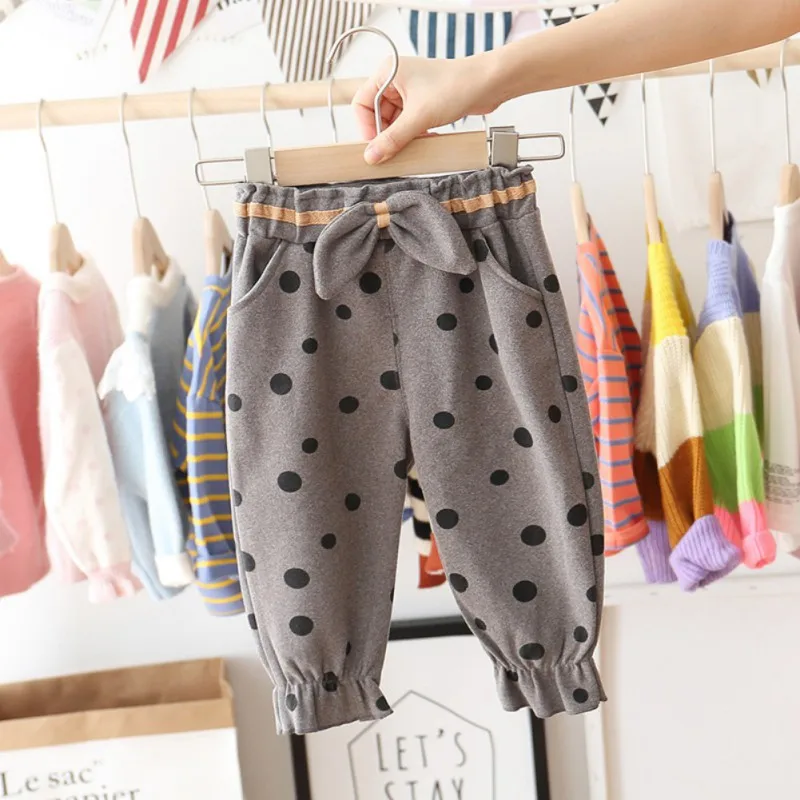 New Girls Pants Children Baby Girls Autumn Cotton Polka Dot Print Pants Casual Bow Decoration Trousers Toddler Clothes Bottoms