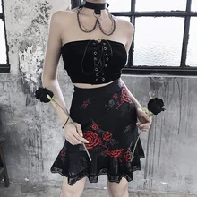 Готическая Черная винтажная облегающая юбка в стиле панк-рок с принтом розы и черепов, Осень-зима, Harajuku, темная кружевная плиссированная юбка с высокой талией