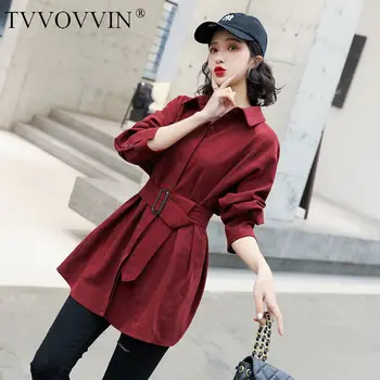 

TVVOVVIN 2020 Spring New Button Solid Sashes Turn-down Collar Long-sleeve Patchwork Slim Korean Casual Loose Fashion A320
