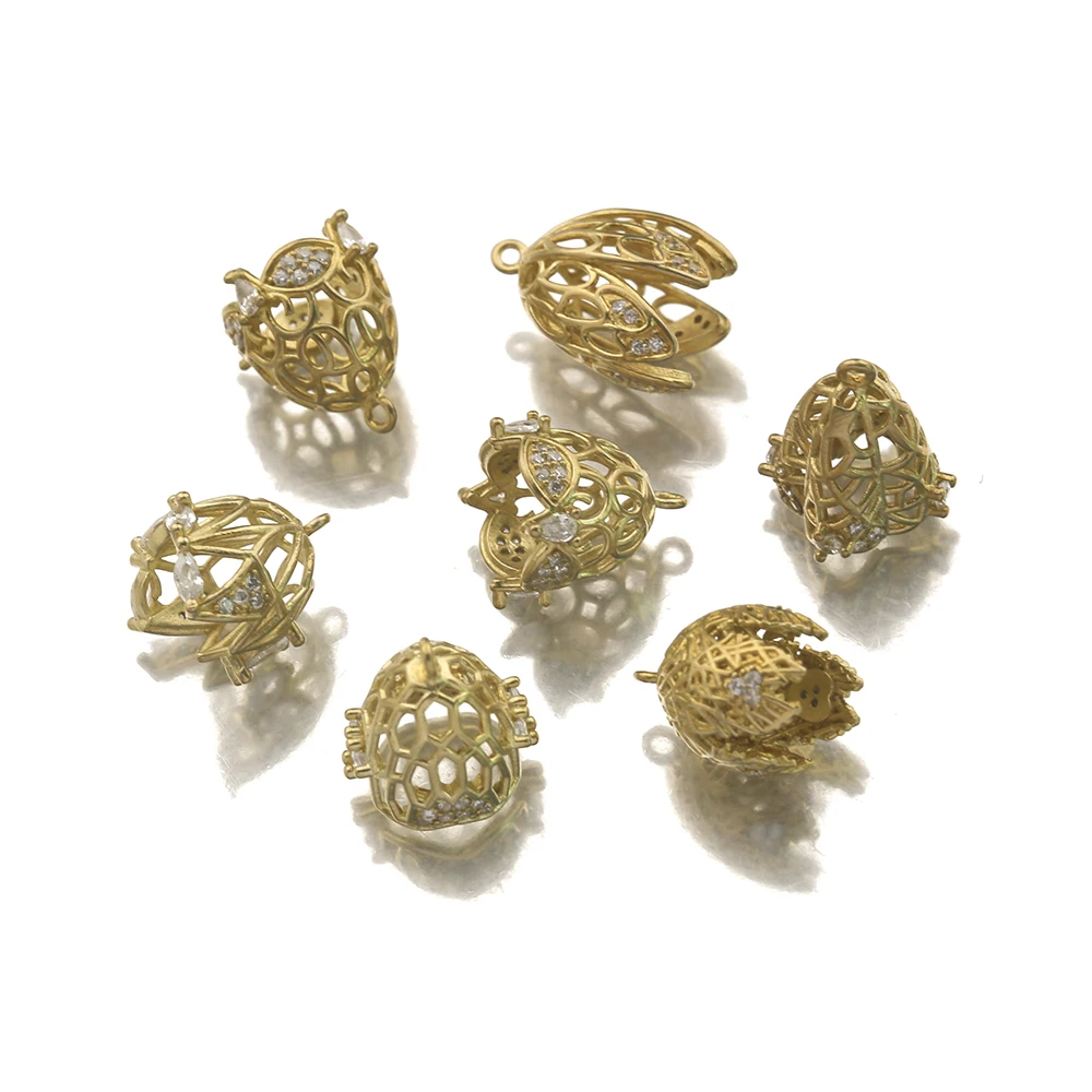 4Pcs/Lot Brass Flower Bell Shape Filigree Bead Cone Caps,Zirconia Bead
