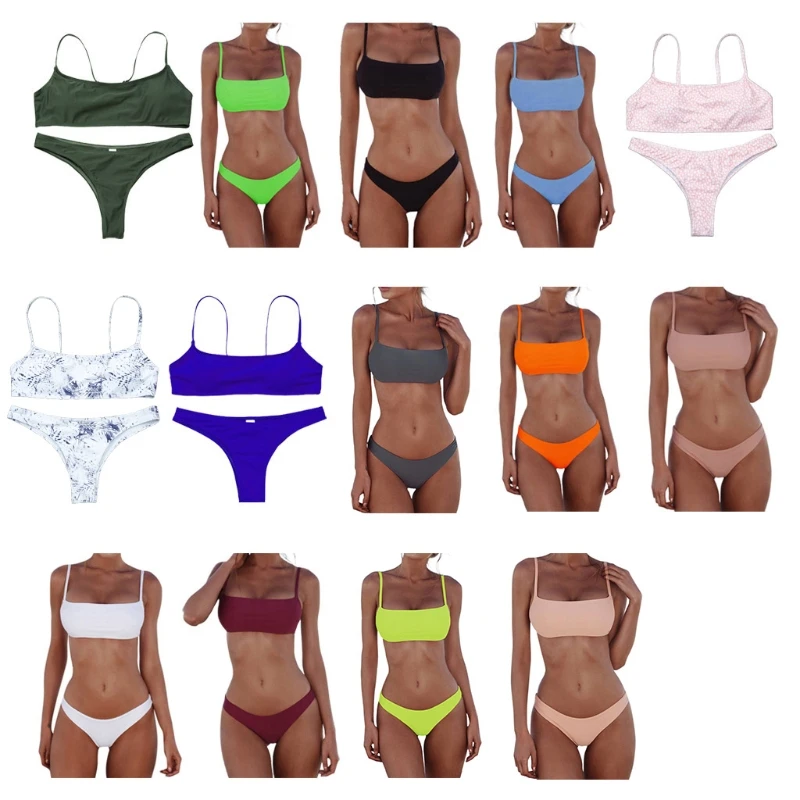 

Sexy Push Up Bra Low Waist Thongs Solid Color Bikini Set 2021 Women 2 Pieces Summer Triangle Swimsuit Beachwear Bathing Suit