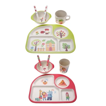 

2 set Eco-Friendly Bamboo Fiber Baby Plate Dishes 4 Slots Children Tableware Dishes Dinnerware - Green & Red
