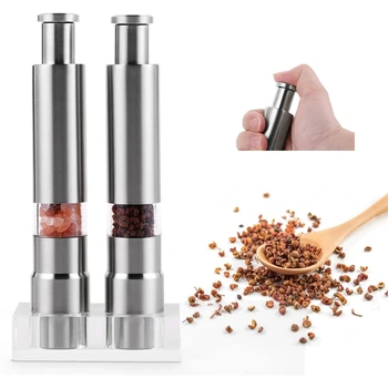 

Salt and Pepper Grinder Set of 2, Pepper Mill Stainless Steel Salt Shaker Push-Button Manual Glass Salt and Pepper Set