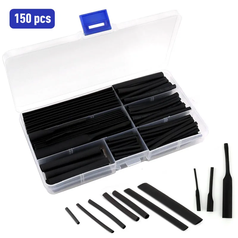 

150pcs/Box Mix Size 2:1 Polyolefin Heat Shrink Tubing Tube Sleeving Wire Electrical Insulation Cable Kit 2-13mm Black Assortment