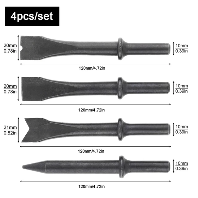 4pcs/5pcs Hard 45# Steel Solid Short Long Air Chisel Impact Head Support Pneumatic Tool Accessories for Cutting Rusting Removal 4pcs Short