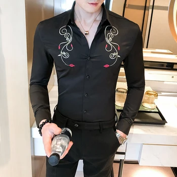 

2020 New Men Shirt Casual Slim Fit Streetwear Long Sleeve Dress Shirts Embroidery Solid Color Chemise Homme Camisa Masculina