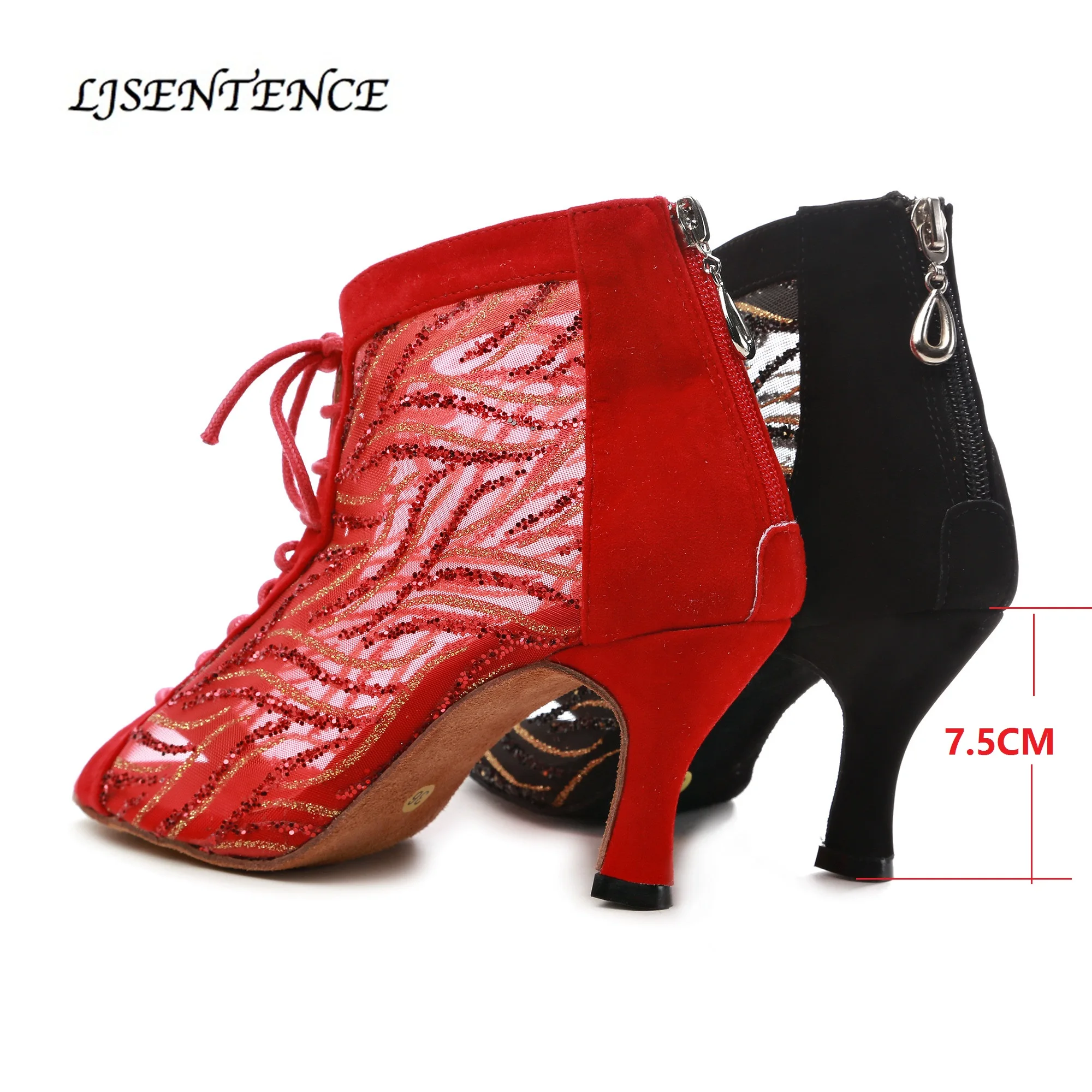 Women Ballroom Party Dance Boots Mesh Transparent Red Black Sexy Soft Bottom Lady Salsa Dancing Shoes High heels 6CM 7.5CM 3inch