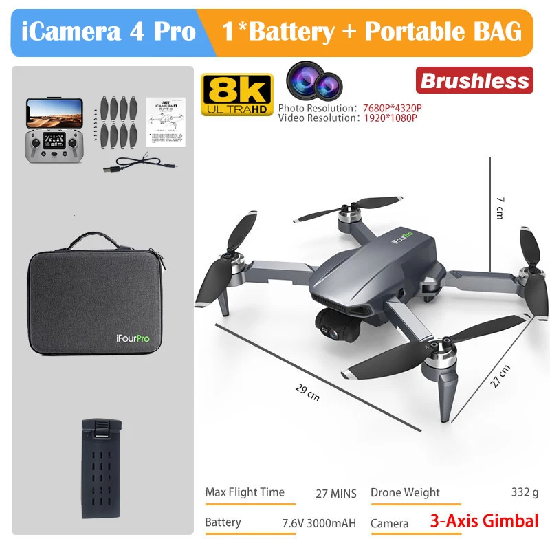 HR iCamera4 PRO RC Drone 4K Profesional FPV 3-Axis Gimbal Dron Mini HD Camera GPS Brushless Quadcopter Toys VS KF102 SG907 MAX quadrone 4ch remote control RC Quadcopter