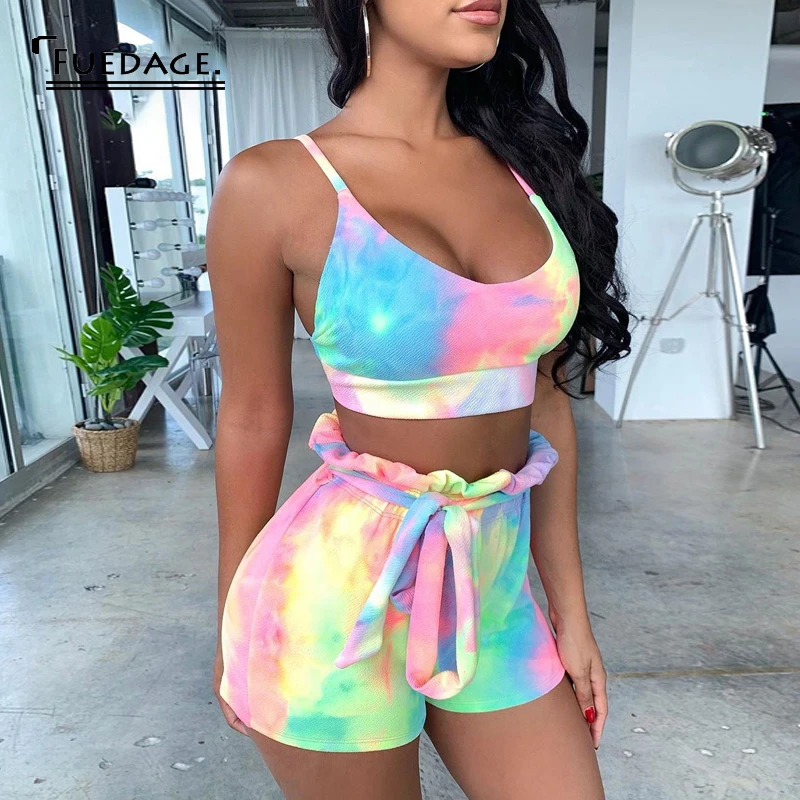 

Fuedage Summer2019 Sexy Tie Dye Two Pieces Set Bodycon Sleeveless Backless Women Suit Crop Top Short Pants Club Female Jumpsuits